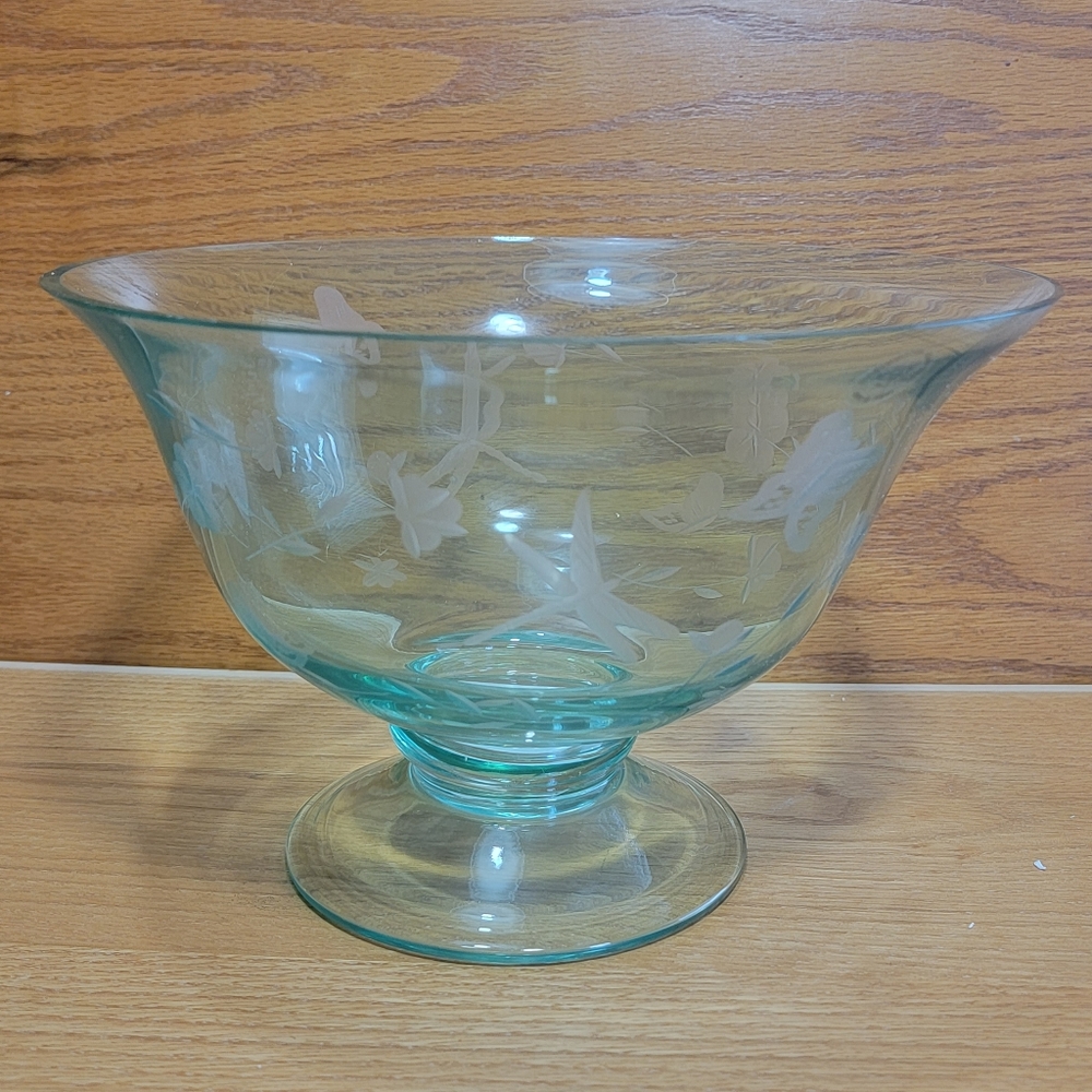 Lenox Crystal Light Green Pedestal Glass Bowl Etched Butterfly Meadow